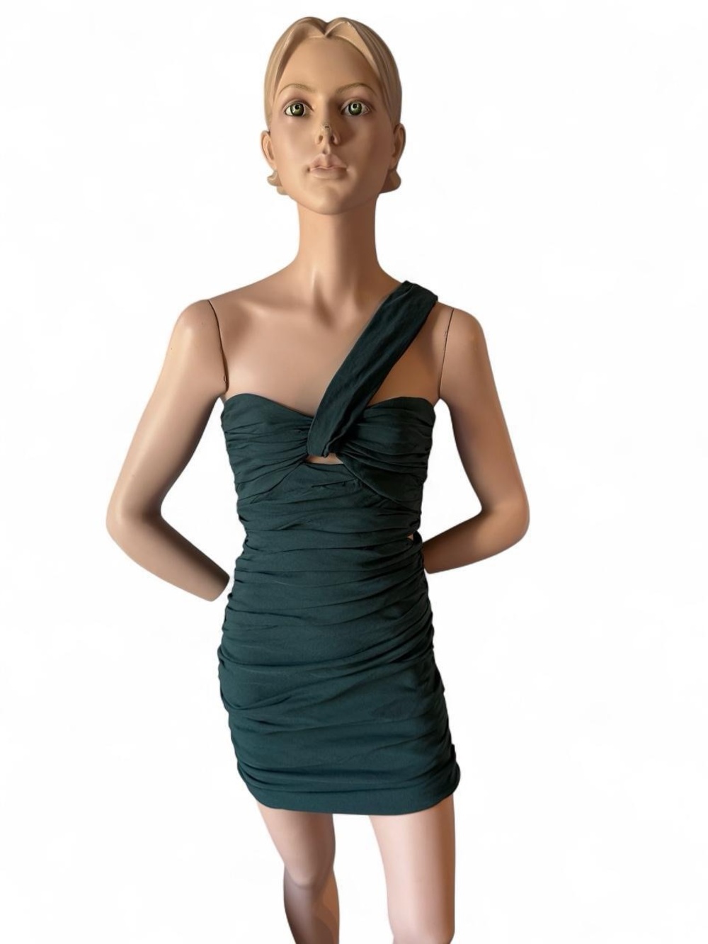 Zara One-Shoulder Ruched Dark Green Cocktail Dress